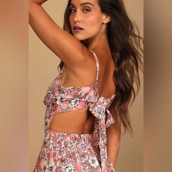 Lulus Ties With You Rose Pink Floral Print Tie-Back Midi Dress New - Picture 4 of 5